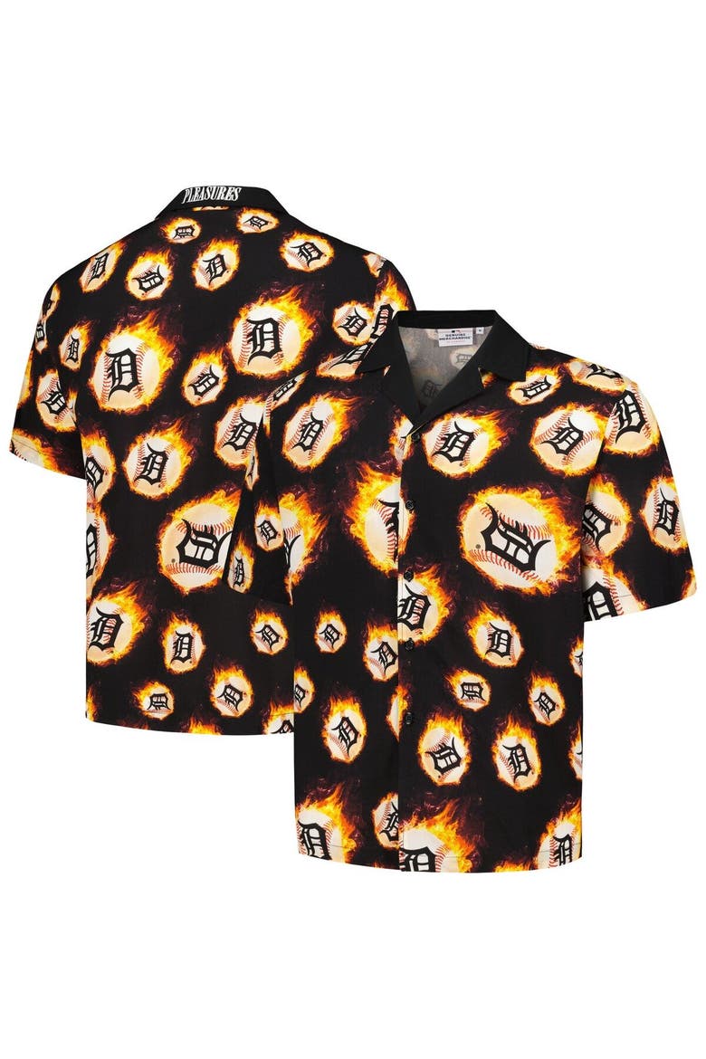 Men's PLEASURES  Black Detroit Tigers Flame Fireball Button-Up Shirt, Main, color, Black