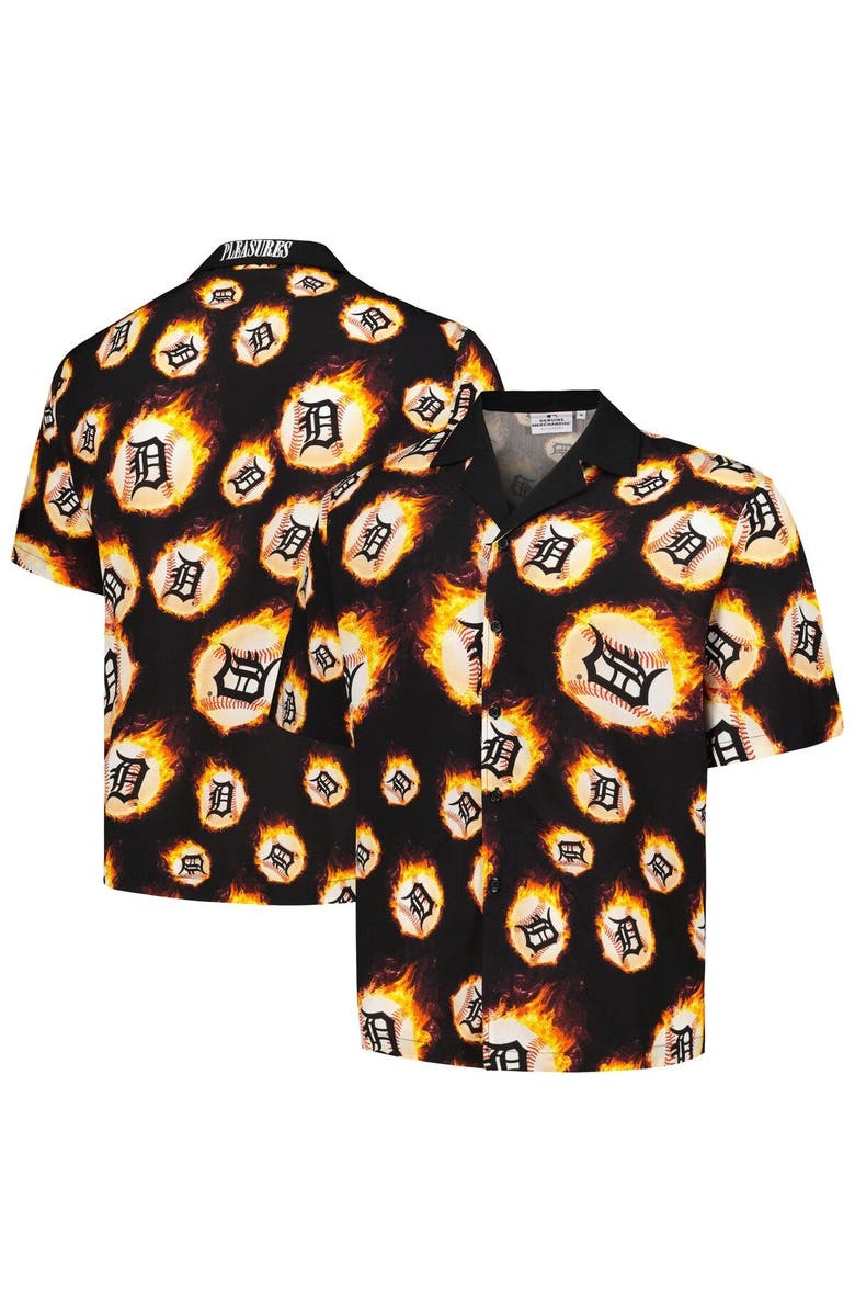 PLEASURES Men's PLEASURES  Black Detroit Tigers Flame Fireball Button-Up Shirt, Main, color, Black