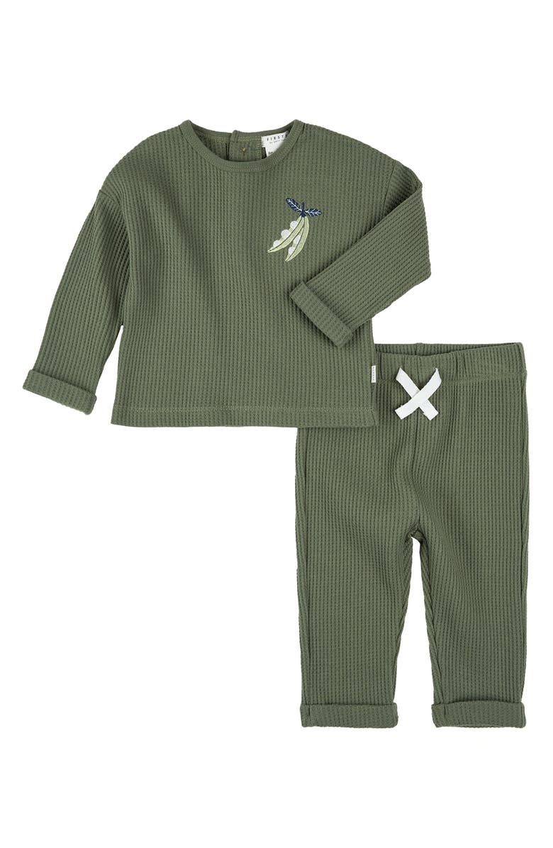 FIRSTS by Petit Lem Pea Pod Embroidered Waffle Knit Top & Pants Set, Main, color, Dark Green