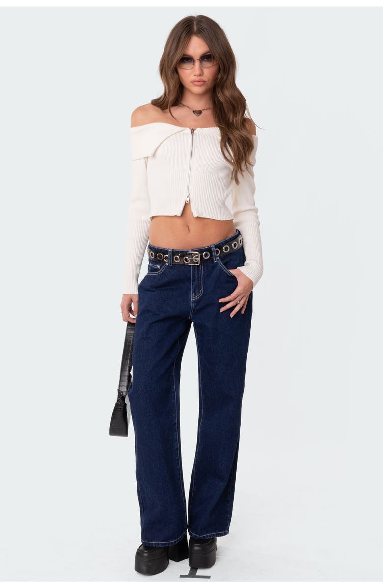 EDIKTED Double Zip Fold Over Off the Shoulder Crop Sweater, Alternate, color, 