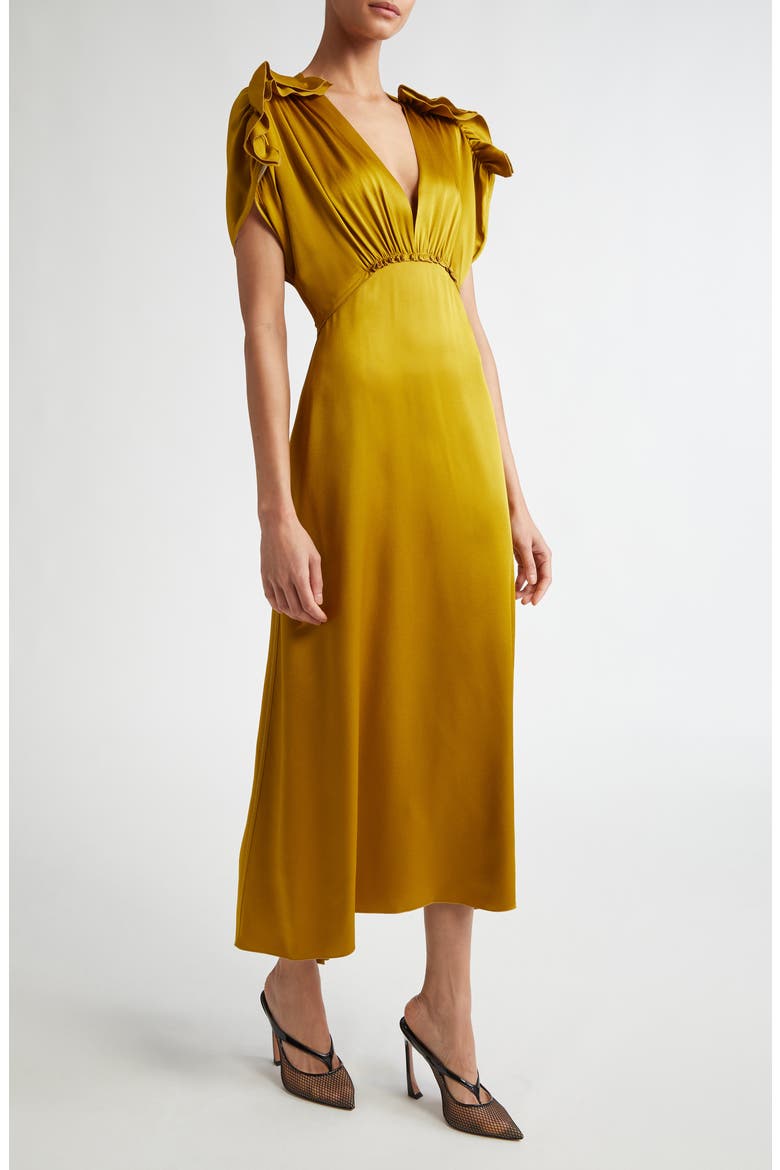 Ruffle Shoulder Satin Dress, Main, color, HARVEST GOLD