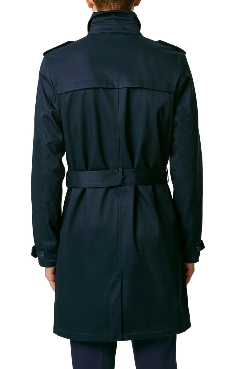 Topman Navy Bonded Twill Trench Coat, Alternate, color,