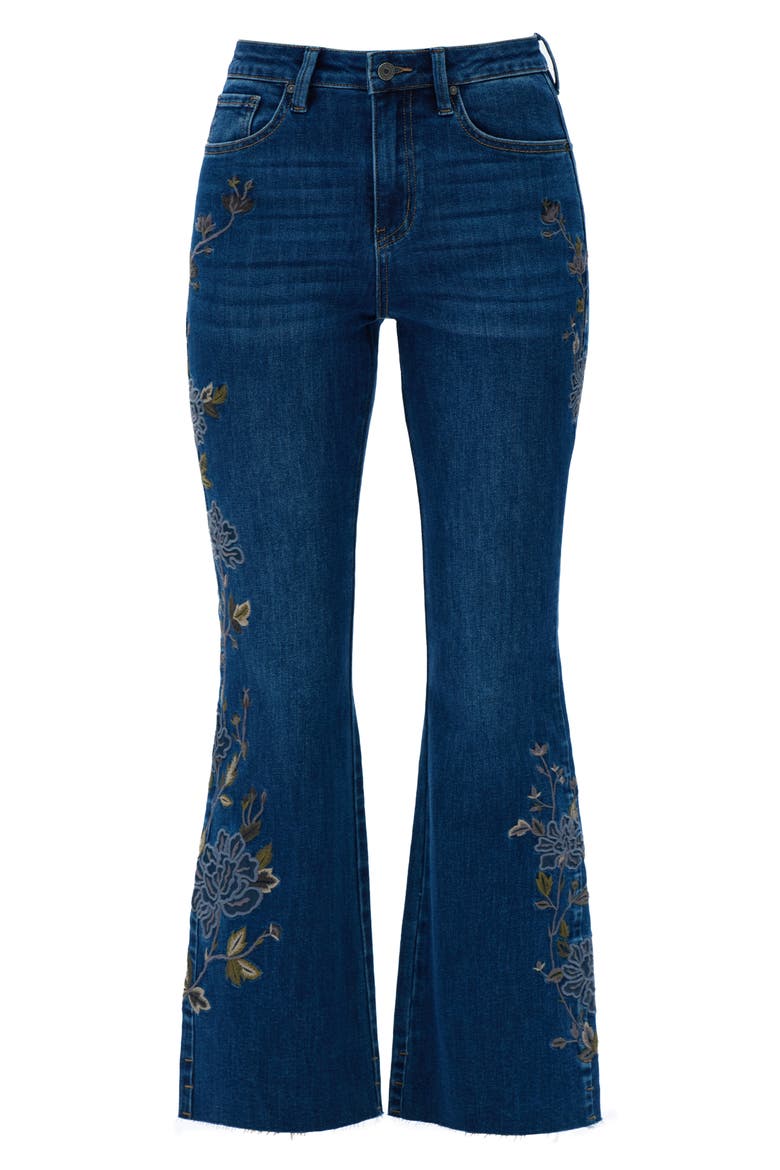 Embroidered Raw Hem High Waist Flare Jeans, Alternate, color, DARK BLUE