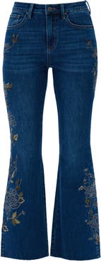 Bayeas Embroidered Raw Hem High Waist Flare Jeans