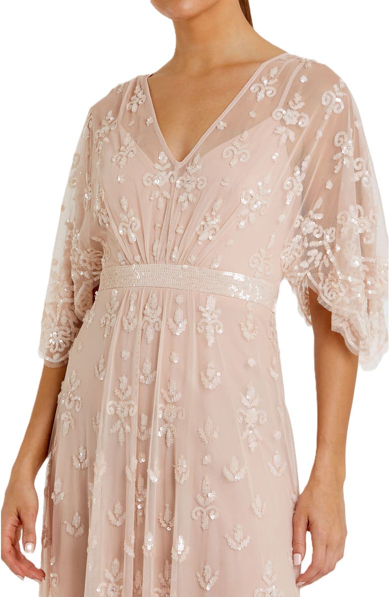 Mac Duggal V Neck Flutter Sleeve Embellished Mesh Gown, Alternate, color, Blush