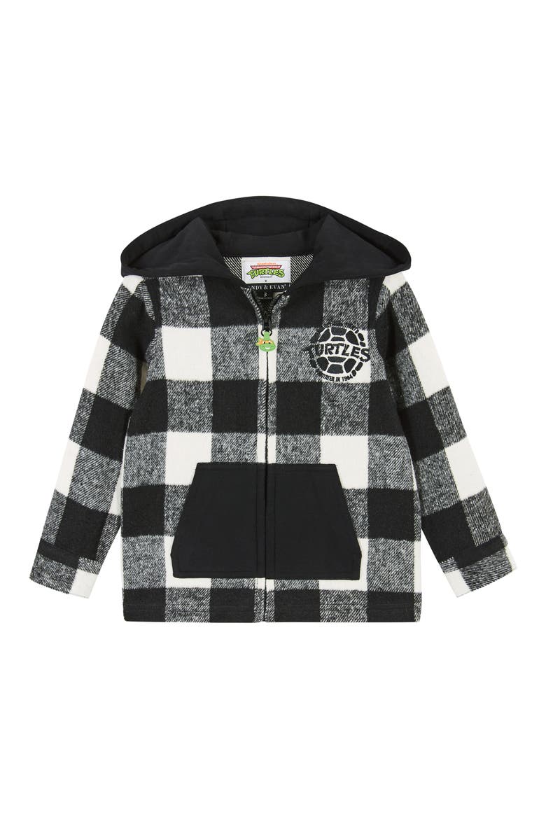 Kids' x Teenage Mutant Ninja Turtles® Check Embroidered Hooded Shacket, Main, color, BLACK CHECK