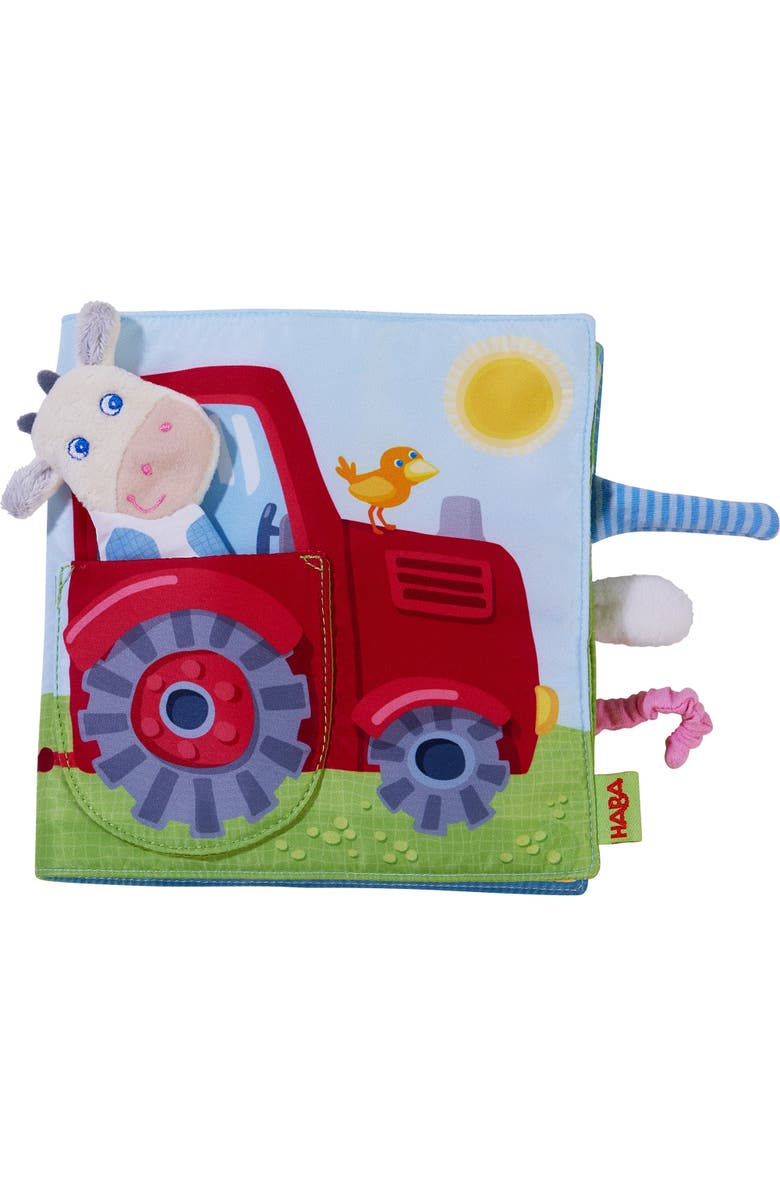 HABA Busy Book for Babies 6-12 months, Farm Fabric Book with Finger Puppet for Babies, Sensory Book for 6-12 Months, Alternate, color, Red Multi