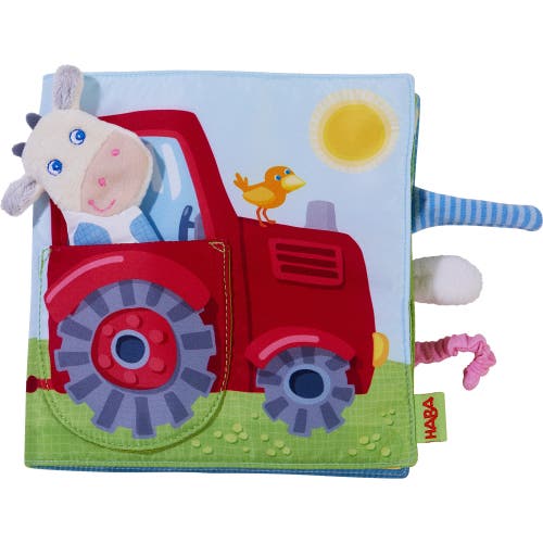 Haba Fabric Book Down On The Farm With Removable Finger Puppet In Red Multi