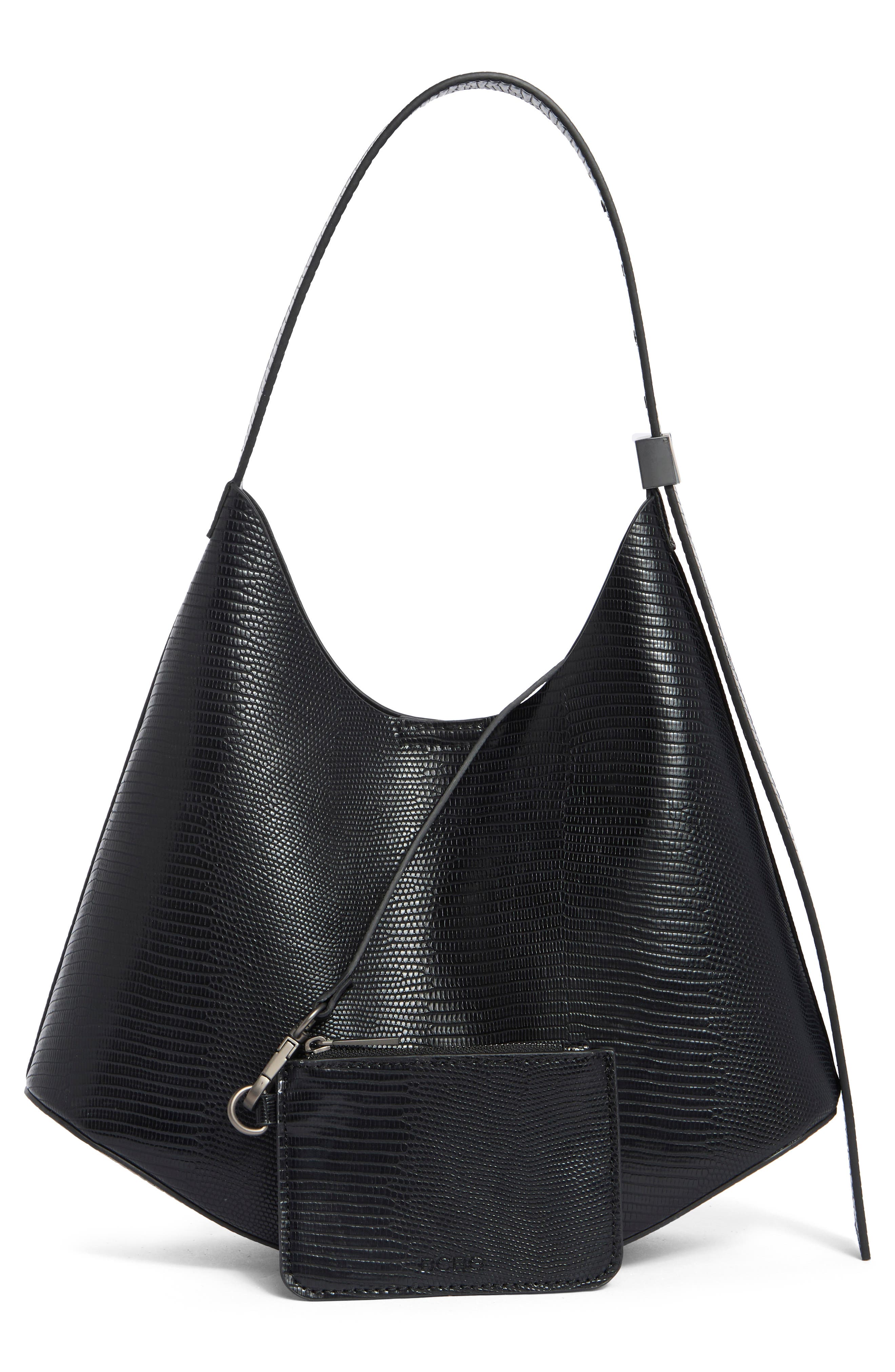 BCBG Snakeskin Embossed Curved Hobo Bag with Pouch, Alternate, color, Black