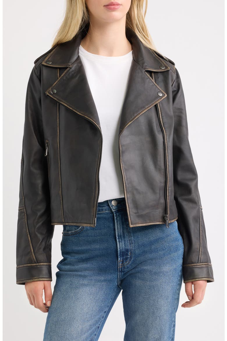 Burnished Leather Moto Jacket, Main, color, DK BROWN