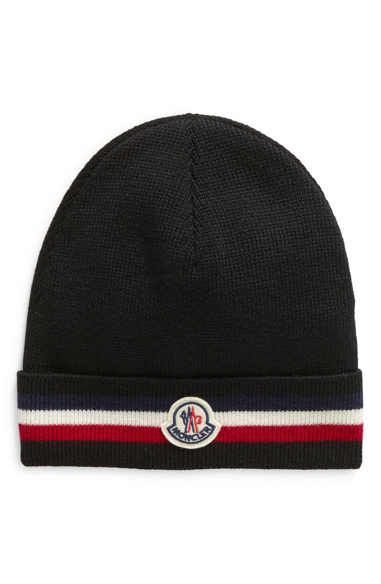 Moncler Logo Patch Stripe Cuff Virgin Wool Beanie, Main, color,
