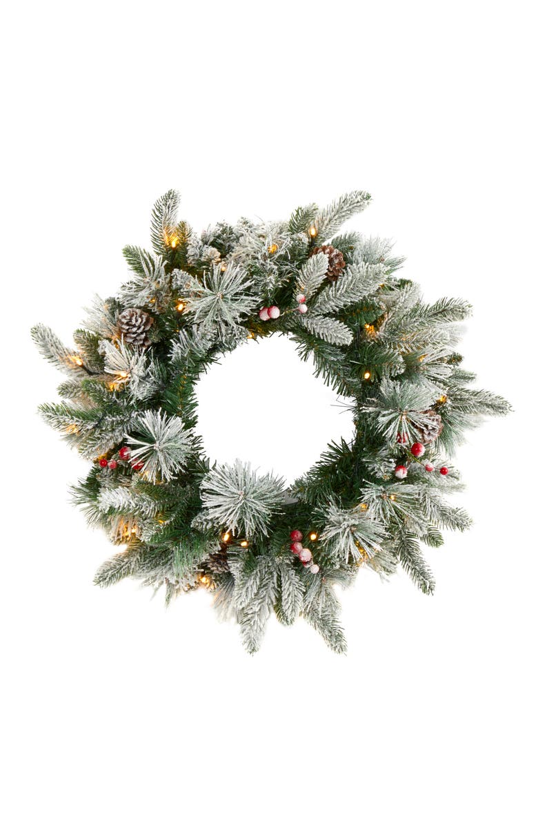 NEARLY NATURAL 20-in Flocked Mixed Pine Artificial Christmas Wreath with 50 LED Lights, Pine Cones and Berries, Main, color, Green