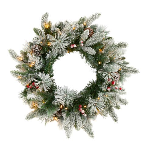 20-in Flocked Mixed Pine Artificial Christmas Wreath with 50 LED Lights, Pine Cones and Berries