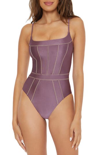 Becca Corset Swimsuits One Piece Womens Brown Striped Stretch Beach Buu367 In Purple
