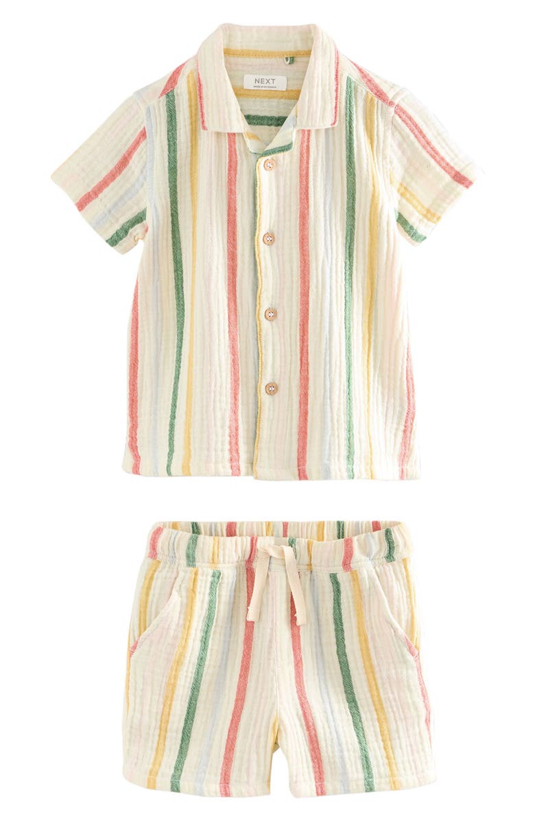 NEXT Kids' Stripe Cotton Seersucker Camp Shirt & Drawstring Shorts Set, Main, color, Neutral