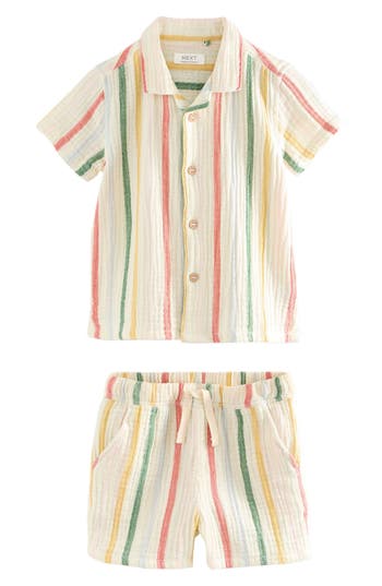 Next Kids' Stripe Cotton Seersucker Camp Shirt & Drawstring Shorts Set In Multi
