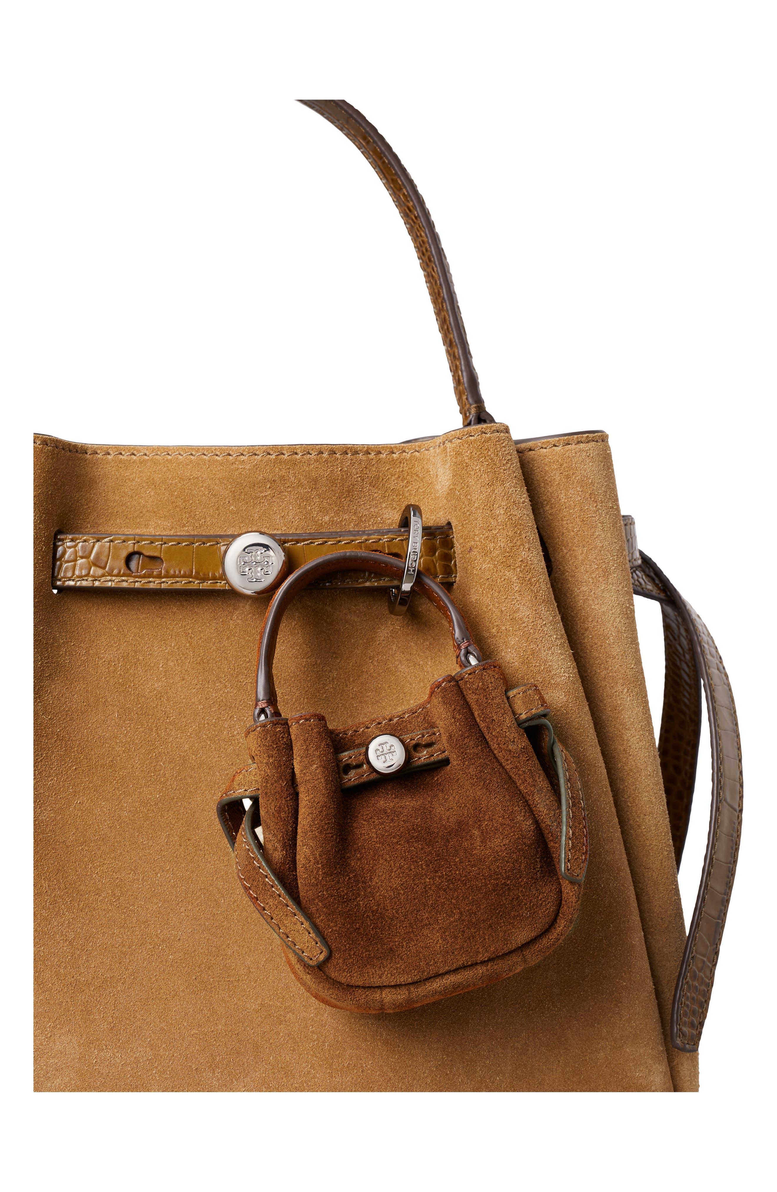 Romy Suede Bucket Key Fob, Alternate, color, CARAMEL