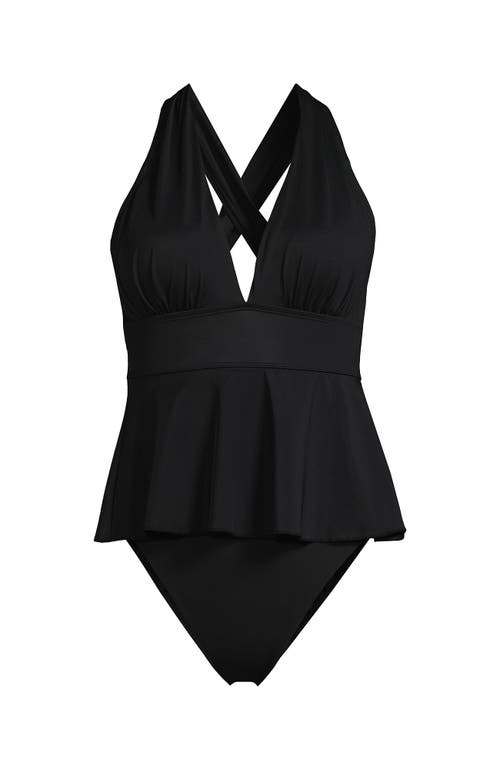 Lands' End Slendersuit Plunge Ruched X-back Ruffle Fauxkini One Piece Swimsuit In Black