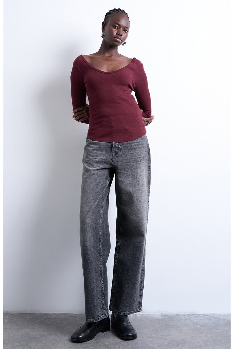 Double V-Neck Long Sleeve Stretch Cotton Rib Top, Alternate, color, BURGUNDY