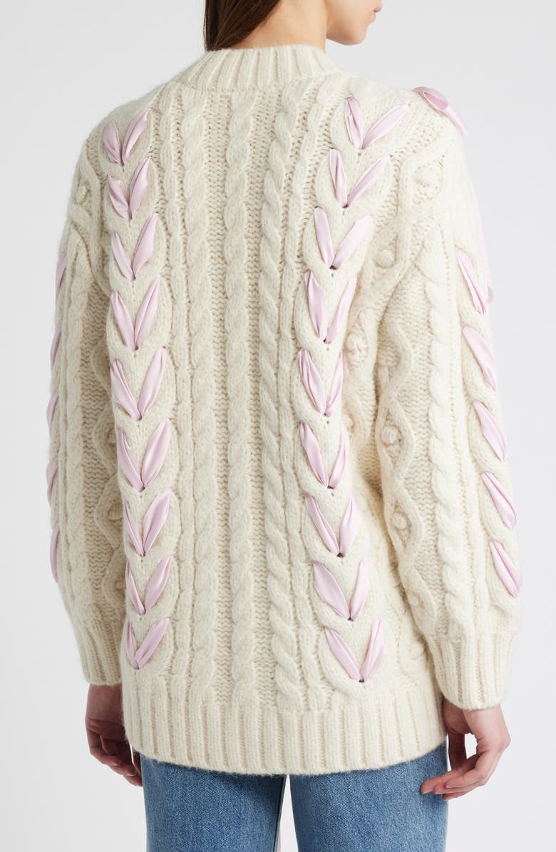 LoveShackFancy Kassius Ribbon Detail Alpaca Blend Cable Cardigan, Alternate, color, 