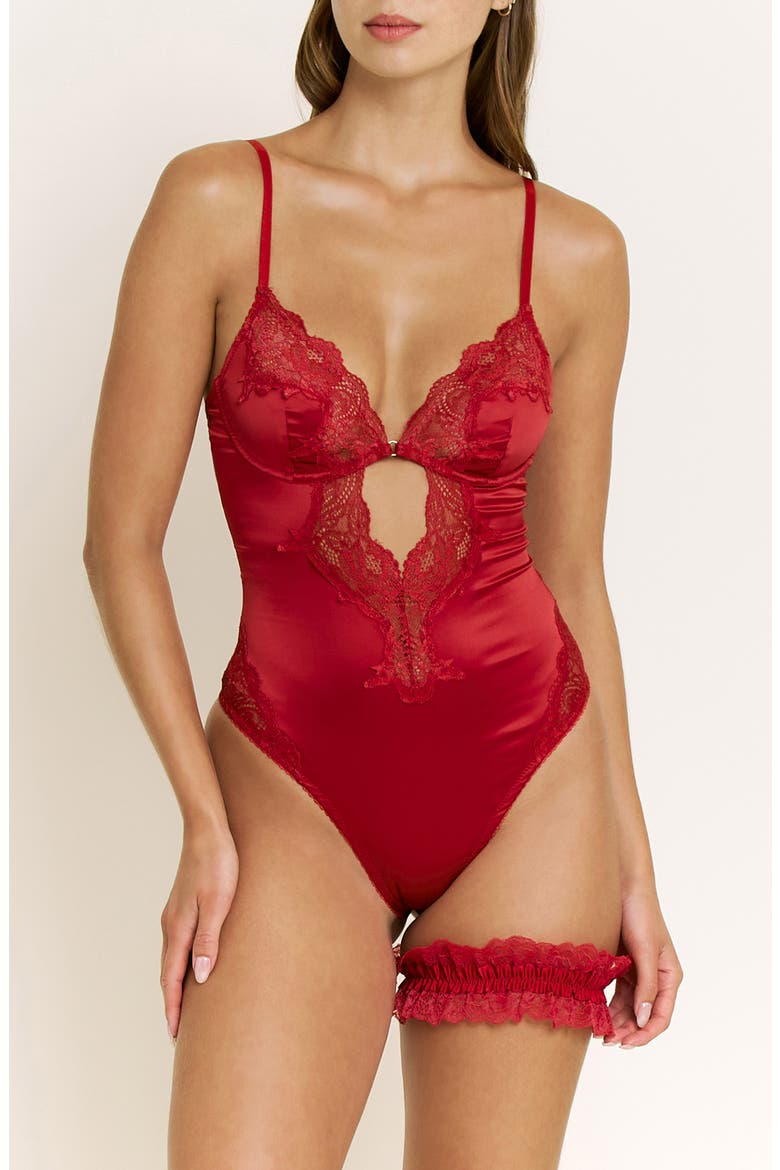 Garden of Eden Lace Trim Satin Bodysuit & Garter Set, Main, color, CHERRY