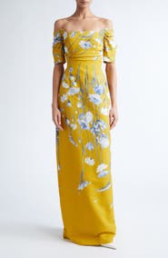 Lela Rose Floral Faille Off the Shoulder Gown