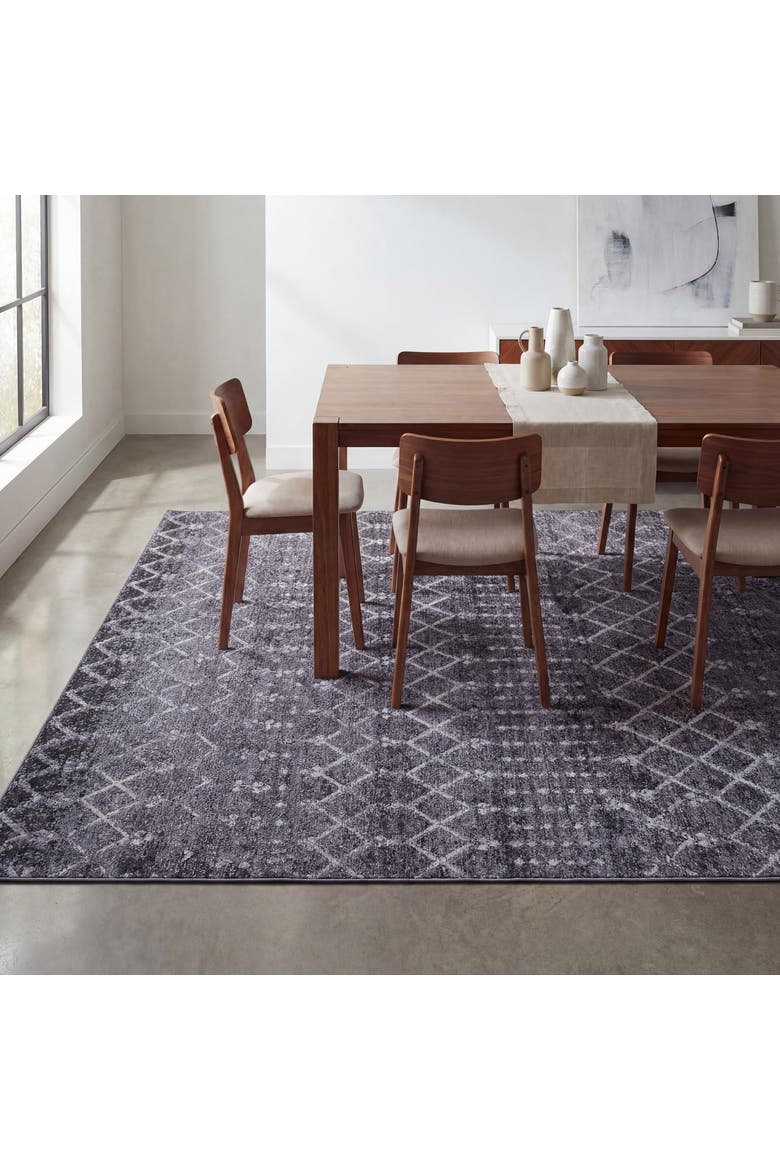 Leila Moroccan Diamond Trellis Non-Slip Machine-Washable Area Rug, Main, color, Gray/Ivory