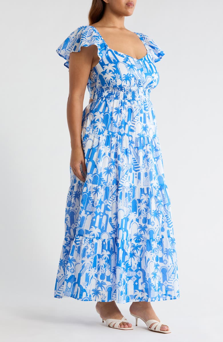 SUGARLIPS Nala Tiered Smocked Maxi Sundress, Alternate, color, White-Blue