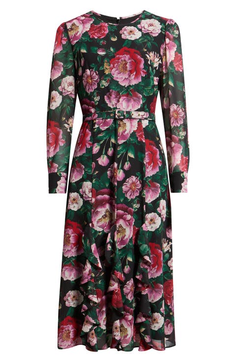 Long Sleeve Floral Print Midi Dress