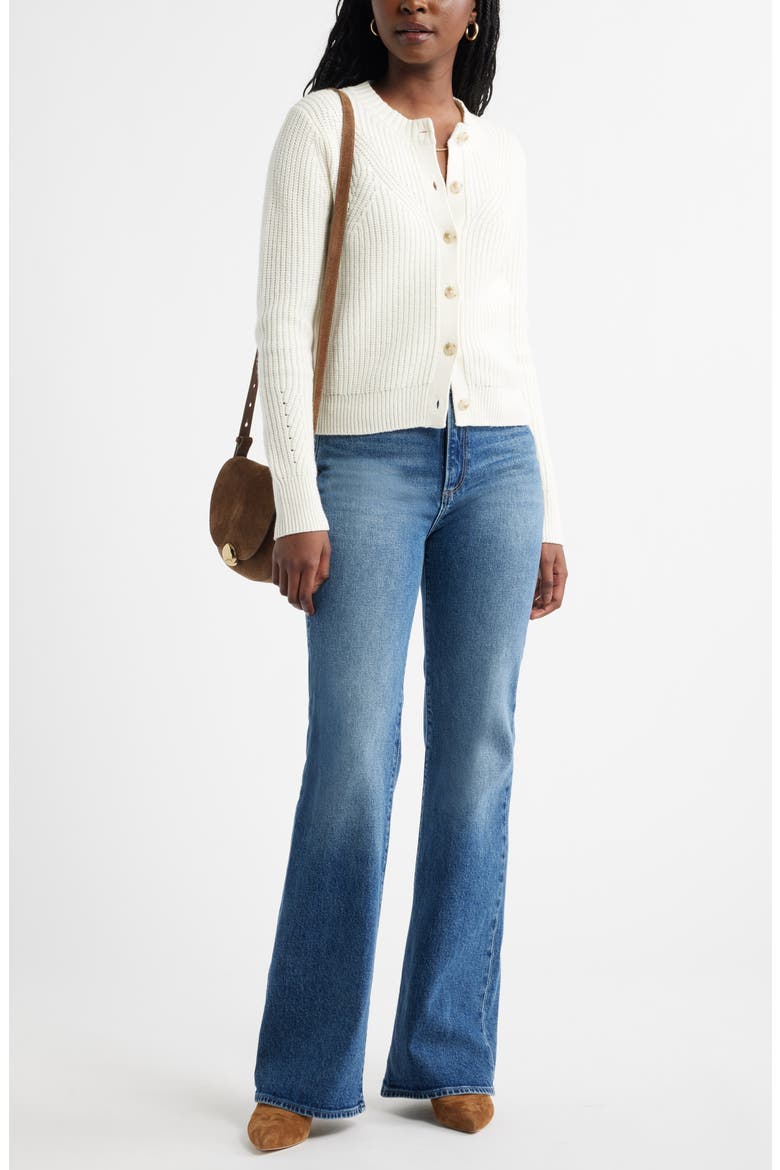 Shaker Stitch Pointelle Pima Cotton & Merino Wool Cardigan, Alternate, color, IVORY PRISTINE