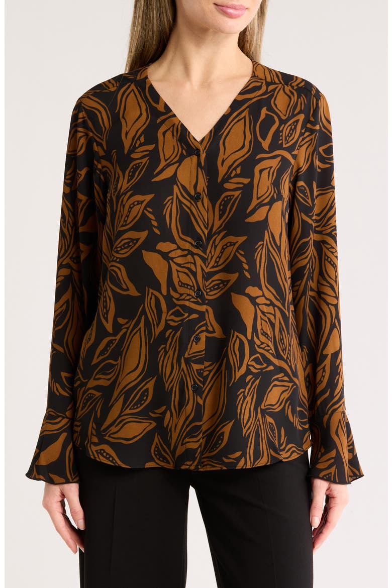 Long Sleeve Button-Up Top, Main, color, BLACK/ BROWN JUNGLE LEAF PRINT