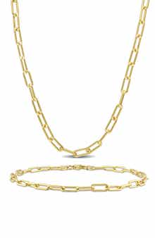 Paper Clip Oval Link Chain Necklace & Bracelet Set, 3.5mm