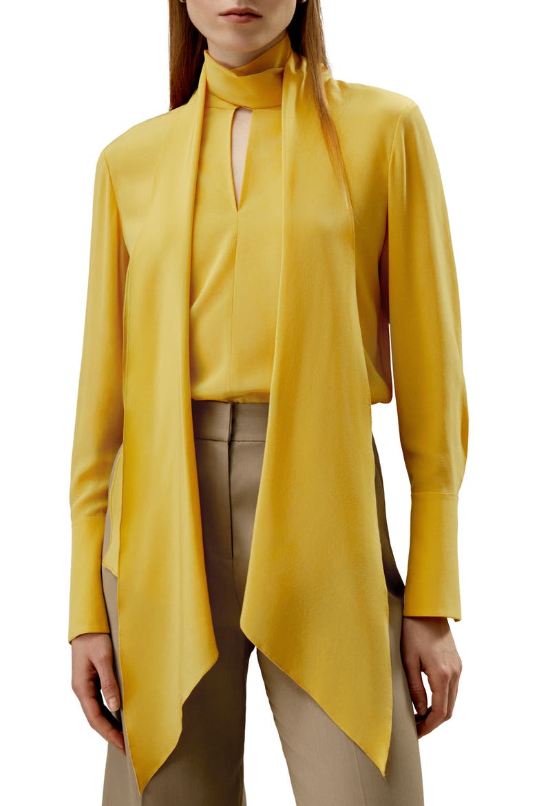 Flowing Draped Tie-Neck Silk Blouse, Main, color, Ginger