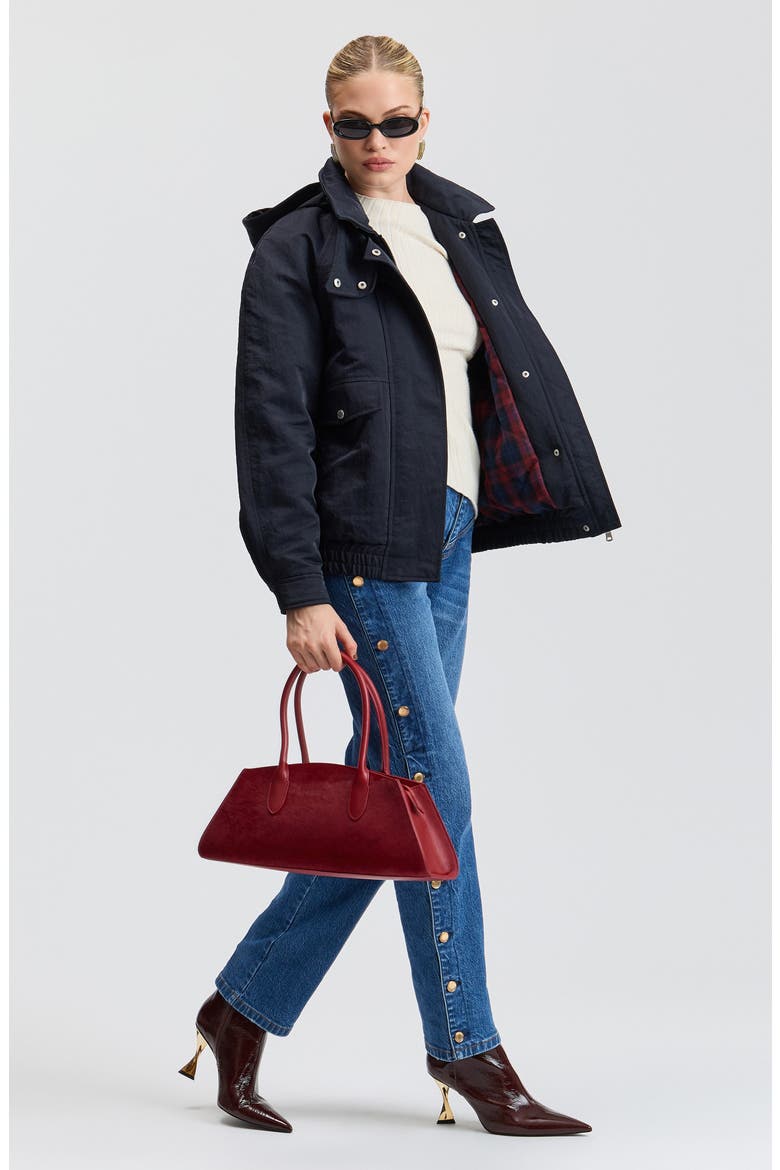 Water Resistant Oversized Rain Bomber Jacket, Alternate, color, NAVY/ RED MULTI