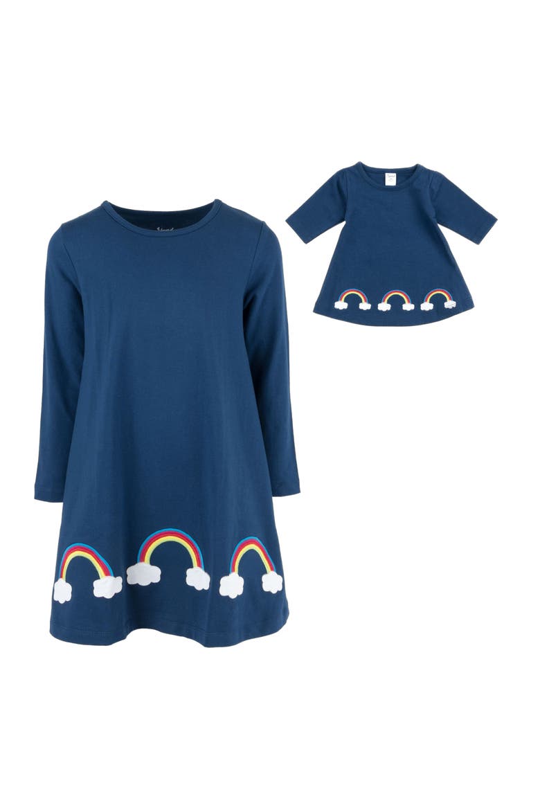 Girls Cotton Dress with Matching Doll Dress, Printed Design, Alternate, color, RAINBOW