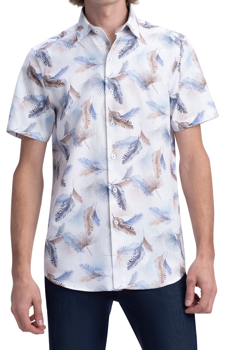 Bugatchi Shaped Fit Leaf Print Cotton Button-Up Shirt, Main, color, 