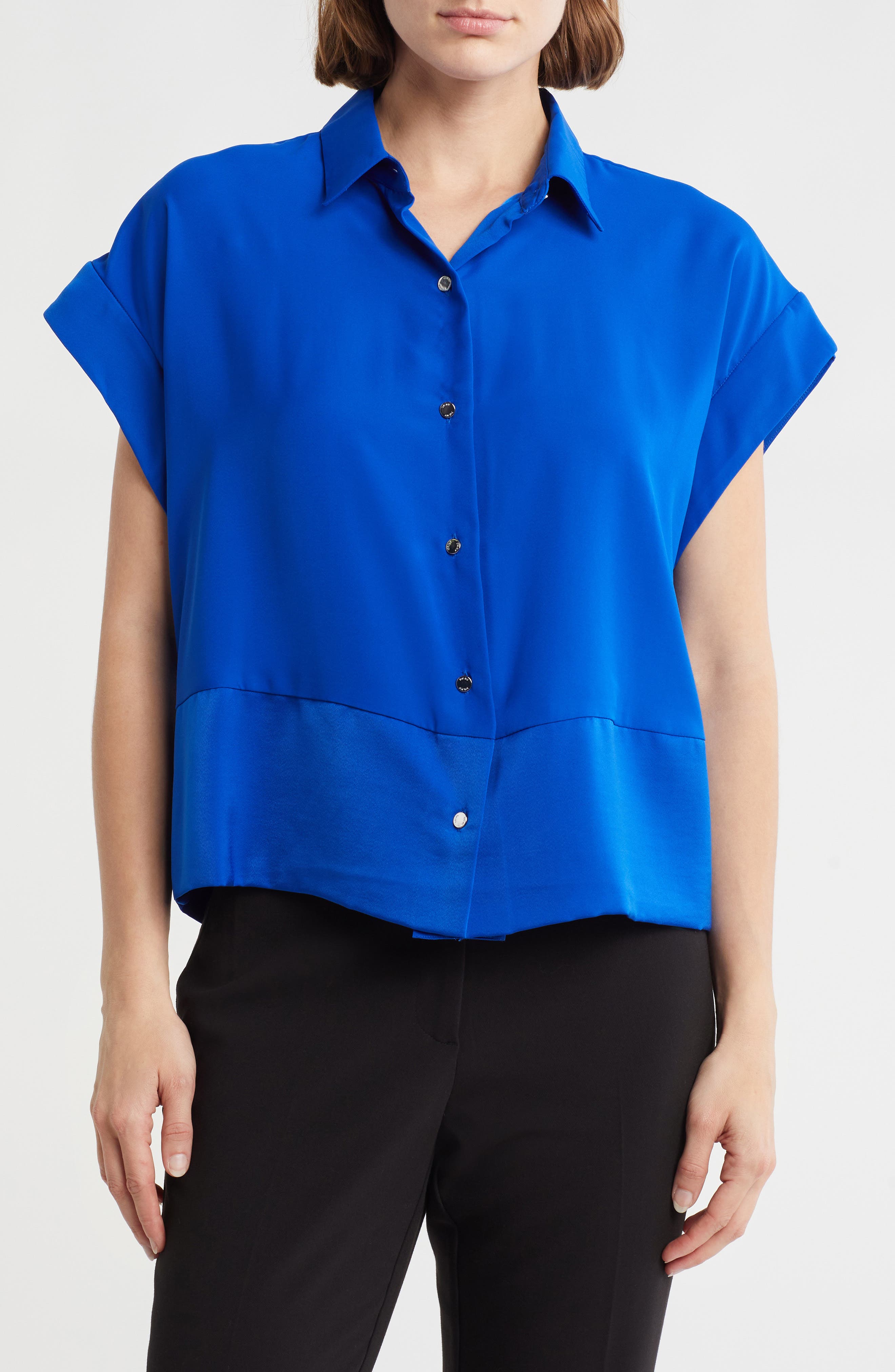 DKNY Short Sleeve Satin Button-Up Shirt