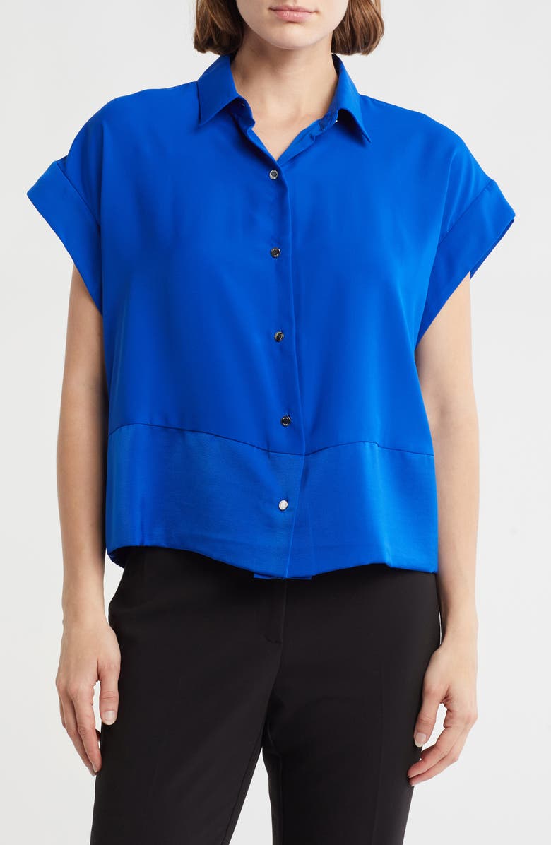 DKNY Short Sleeve Satin Button-Up Shirt, Main, color, Atlantic B