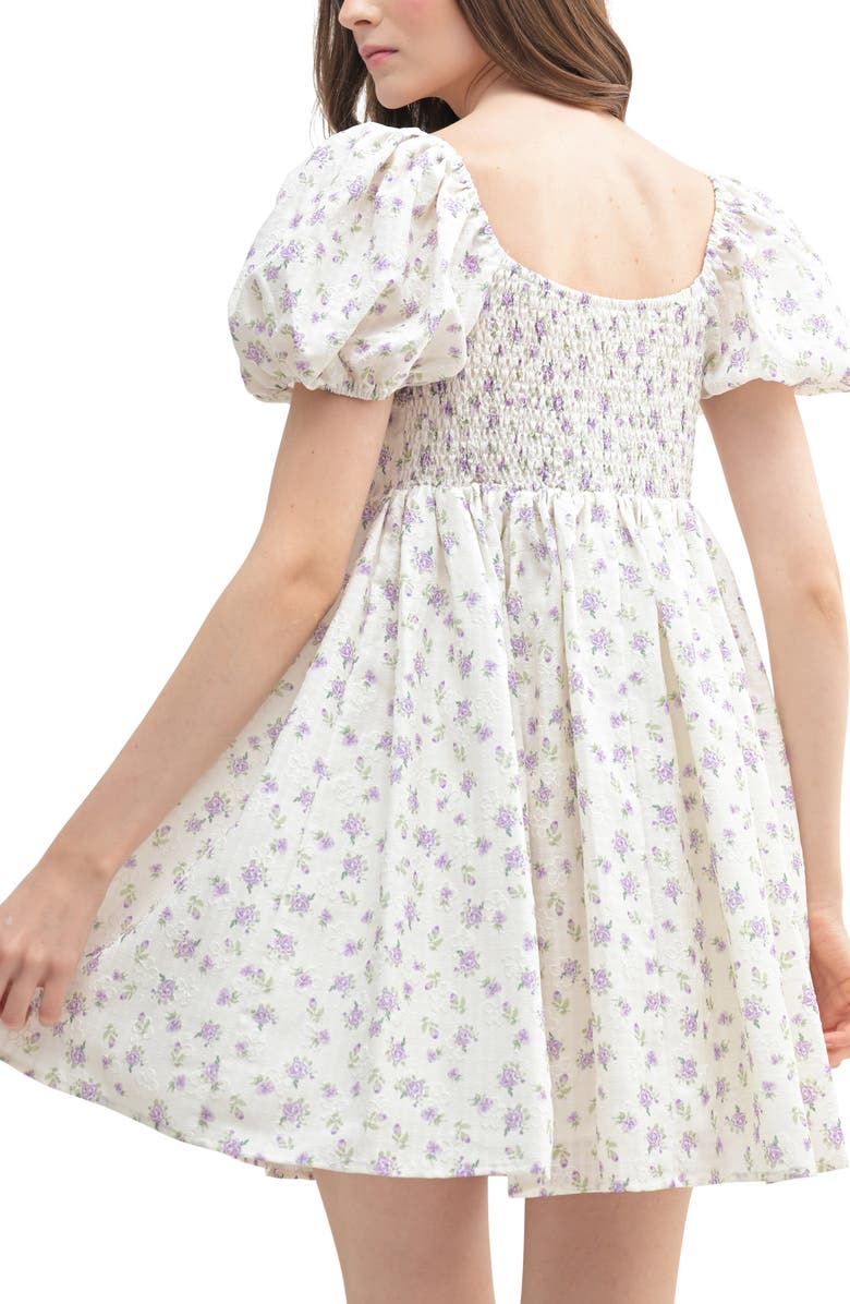 All in Favor Floral Puff Sleeve Babydoll Minidress, Alternate, color, Cream Lilac Floral