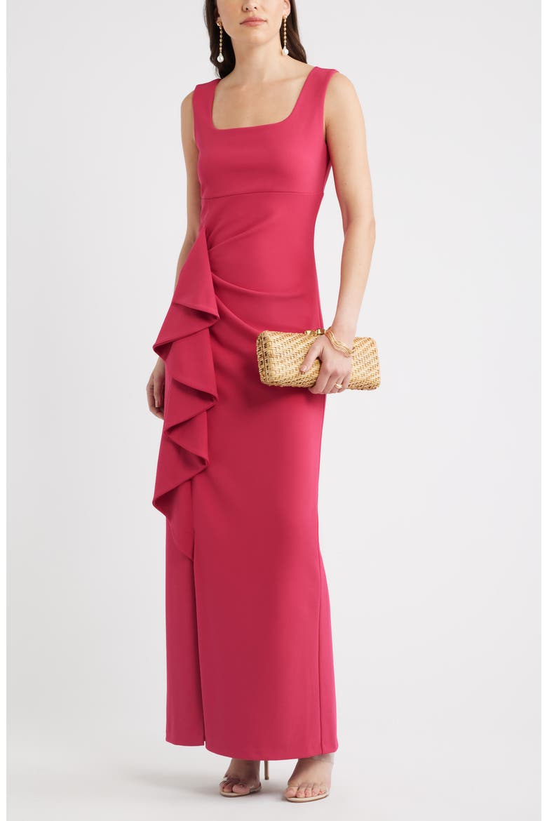 Ruffle Drape Square Neck Maxi Gown, Alternate, color, PINK CERISE