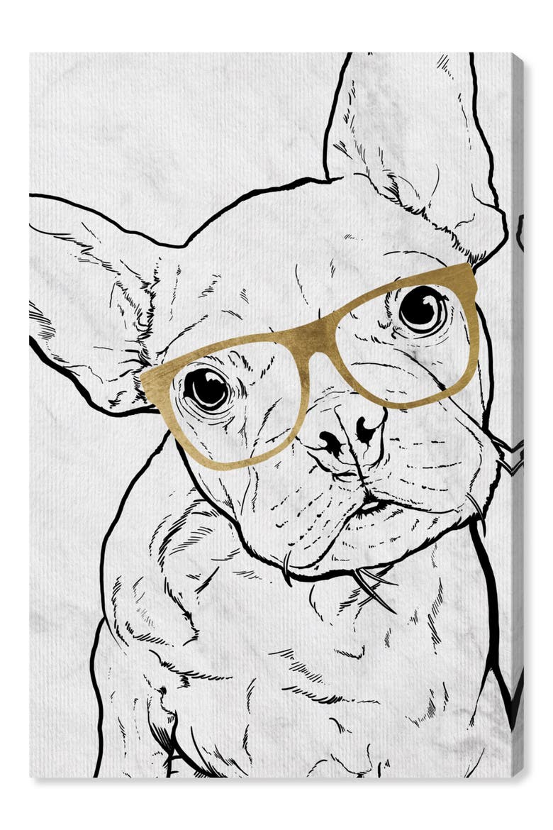 Frenchie with Gold Glasses Canvas Wall Art, Main, color, GREY WHITE