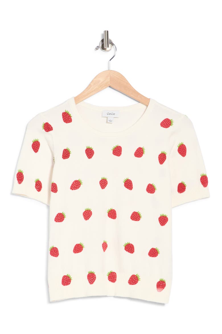 Strawberry Short Sleeve Cotton Sweater, Alternate, color, SPICED CORAL/ IVORY