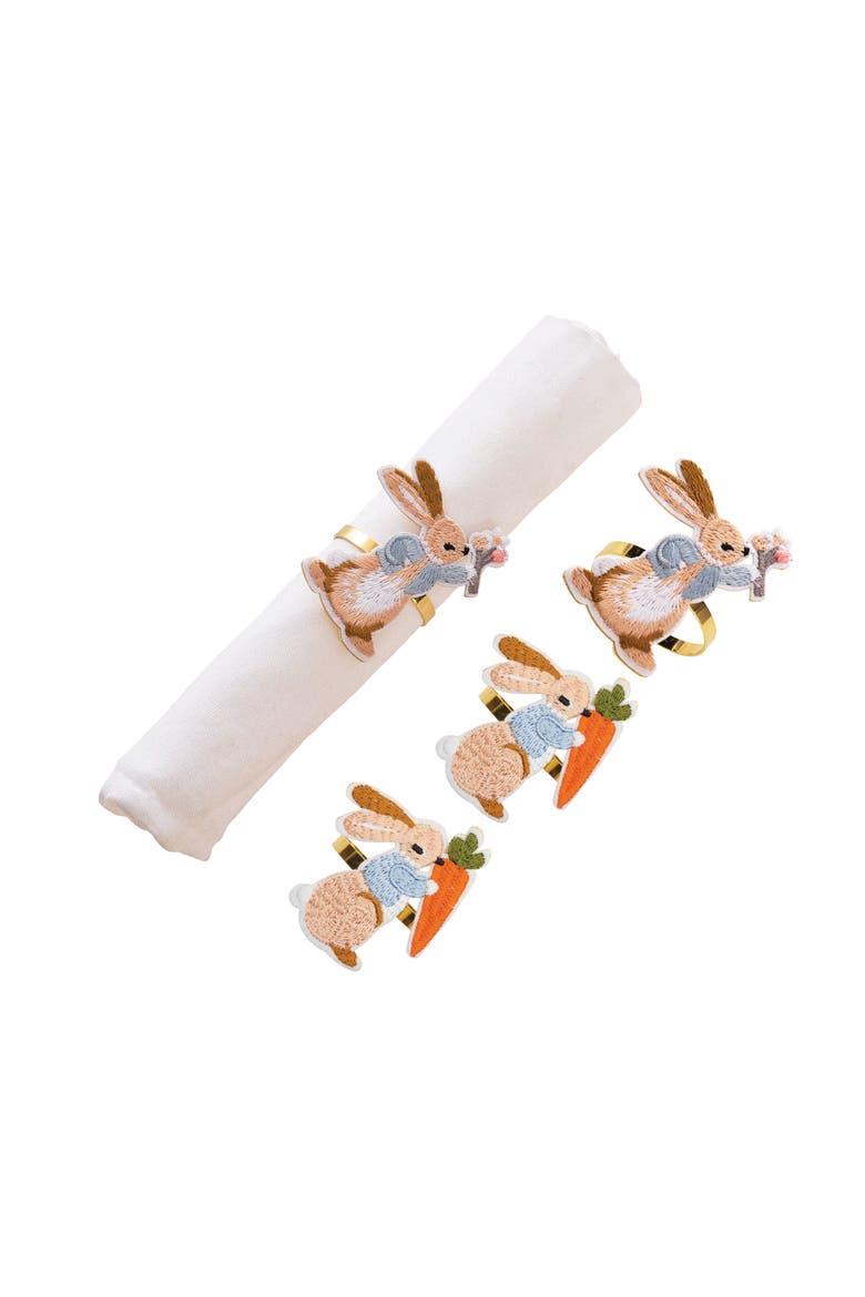 Easter Rabbit Holding Carrot Decorative Set of 4 Gold Napkin Rings, Main, color, Brown