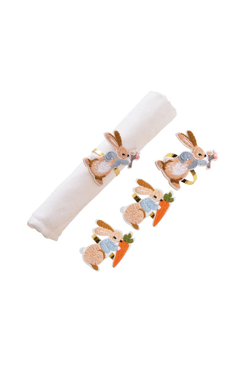 C&F Home Easter Rabbit Holding Carrot Decorative Set of 4 Gold Napkin Rings, Main, color, Brown