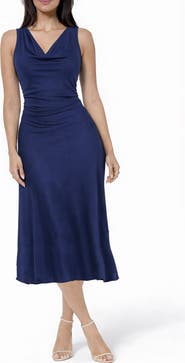 bebe Crepe Satin Cowl Neck Midi Dress