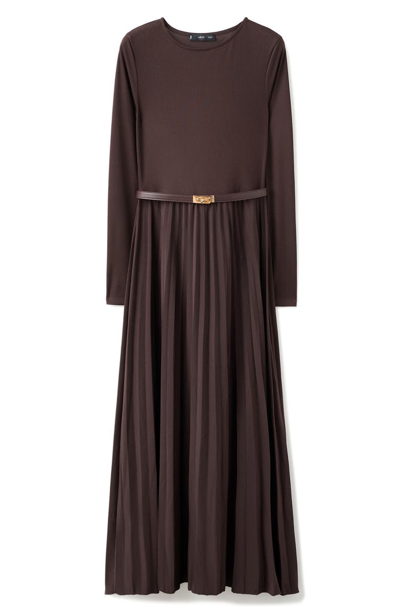 MANGO Pleated Belted Maxi Dress, Alternate, color, Chocolate