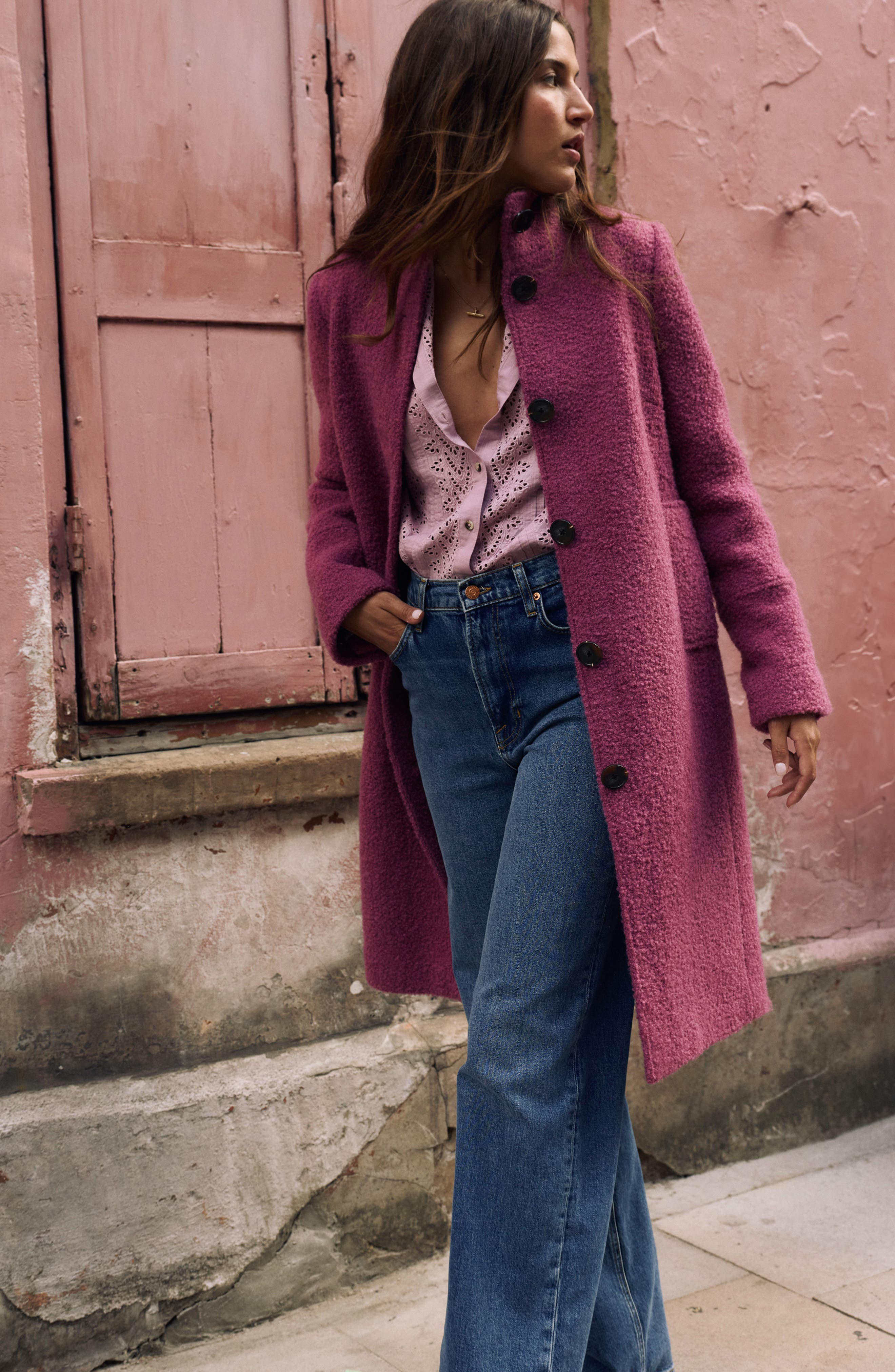 Textured Wool Blend Stand Collar Coat - image 2