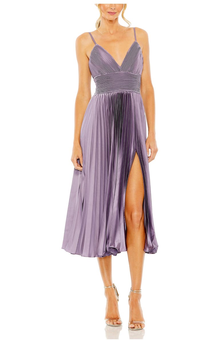 Mac Duggal Ruched Bodice Pleated Dress with Slim Straps, Main, color, Vintage Lilac