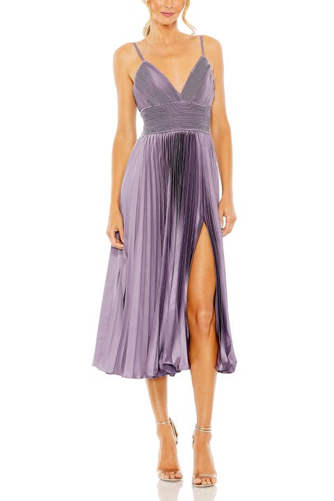 Ruched Bodice Pleated Dress with Slim Straps