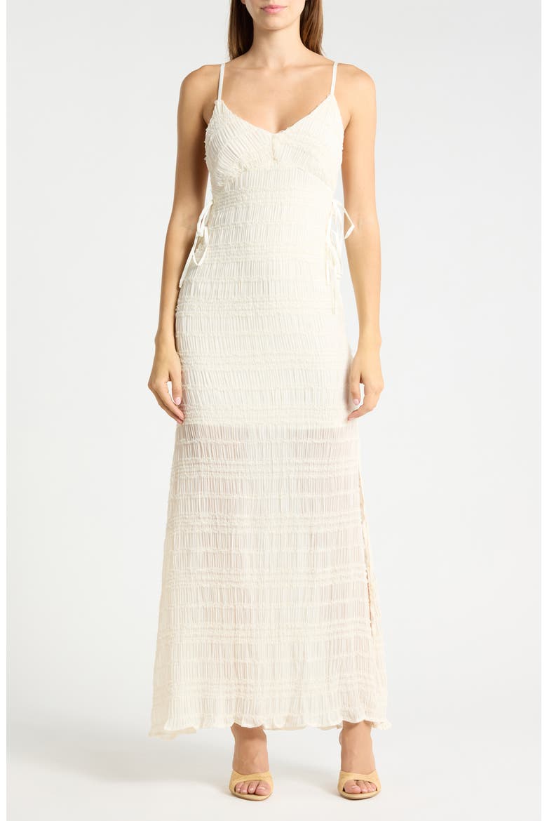 Side Tie Ruched Gauze Maxi Dress, Main, color, CREAM